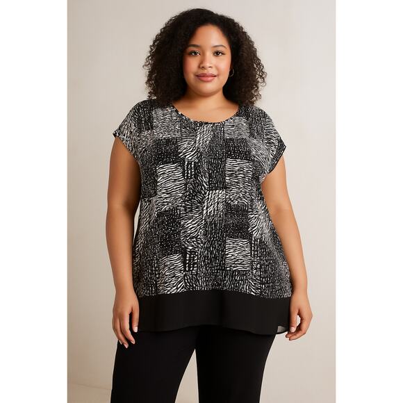 Chic Abstract Animal Print Black White Sheer Hem Tunic Top Cato Plus 18/20W - Picture 1 of 8